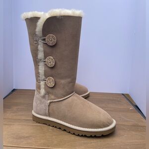 UGG Tall Button Boot in Chestnut Suede with Shearling Trim